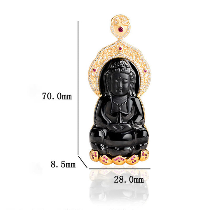 Buddha Stones 925 Sterling Silver Natural Black Jade Kwan Yin Avalokitesvara Wealth Necklace Pendant