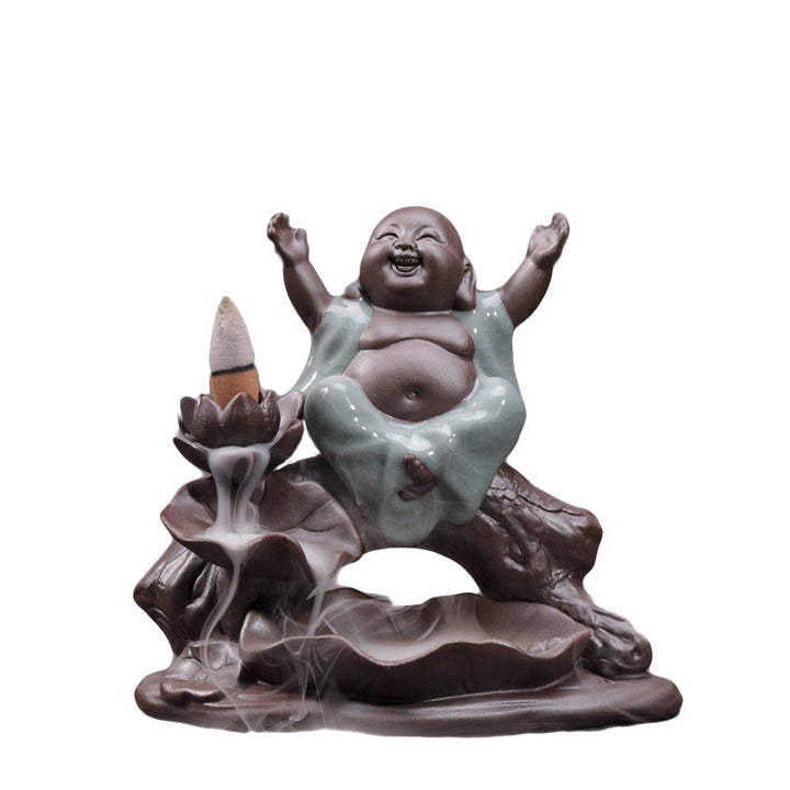 Buddha Little Monk Ceramic Lotus Blessing Incense Burner Decoration