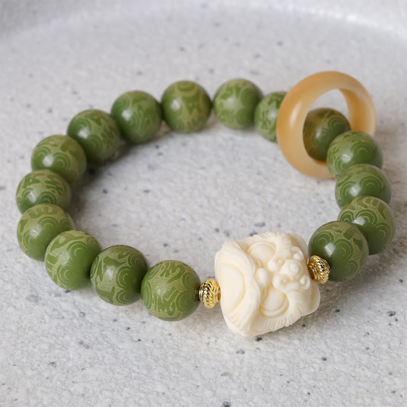 Buddha Stones Green Bodhi Seed Ivory Fruit Dancing Lion Om Mani Padme Hum Engraved Peace Bracelet