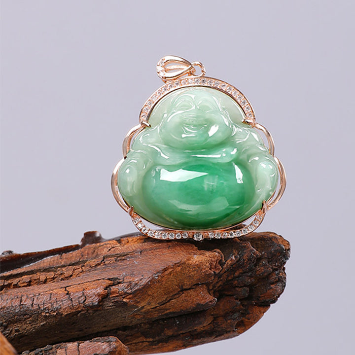 925 Sterling Silver Laughing Buddha Natural Jade Prosperity Necklace Chain Pendant