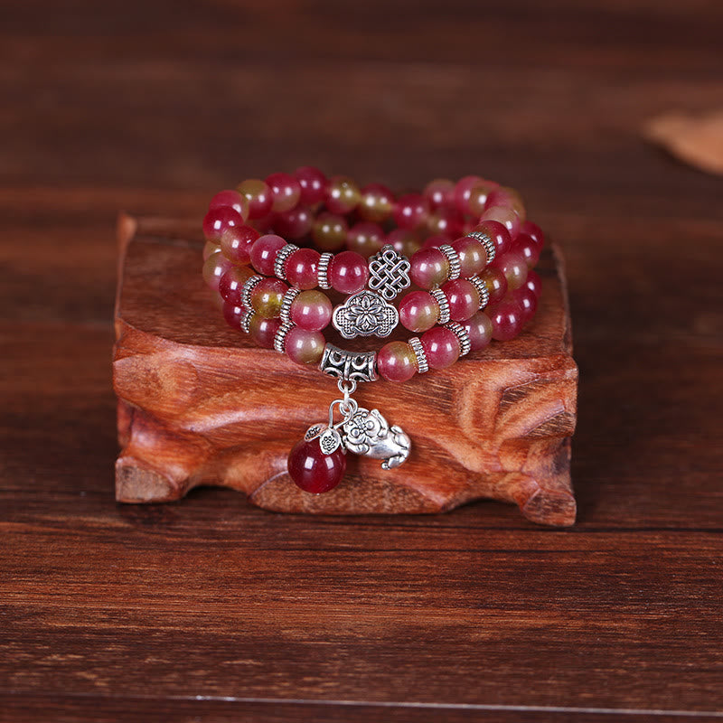 Buddha Stones Natural Watermelon Tourmaline PiXiu Elephant Positive Triple Wrap Bracelet