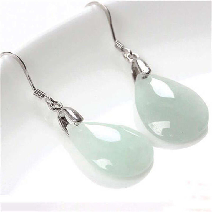 925 Sterling Silver Jade Water Drop Luck Dangle Earrings