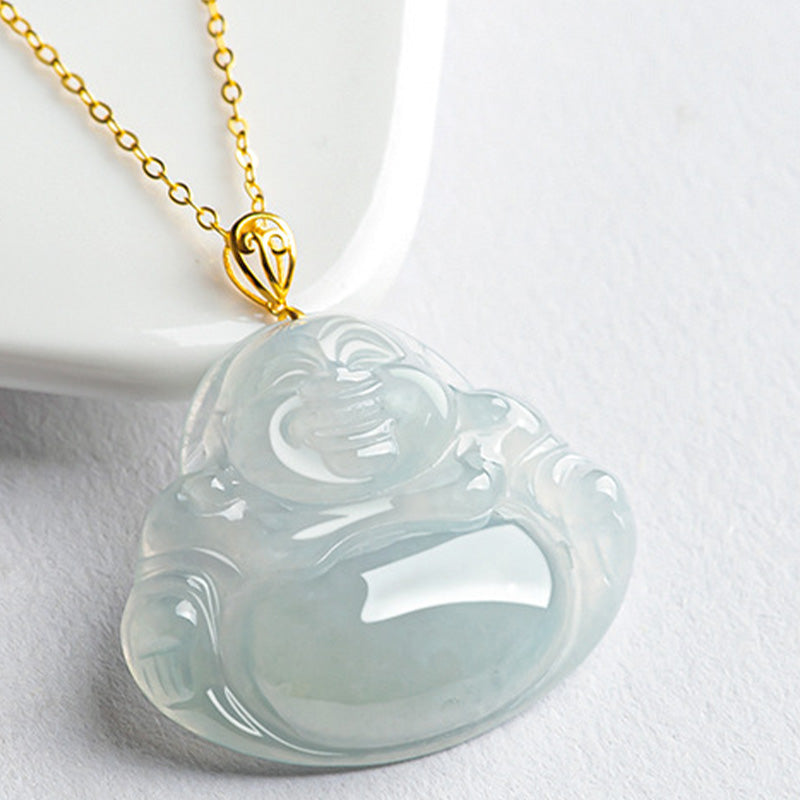 Laughing Buddha Natural Jade 18K Gold Abundance Necklace Pendant