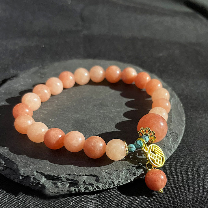 Buddha Stones Natural Orange Stone Turquoise Fu Character Charm Luck Fortune Bracelet