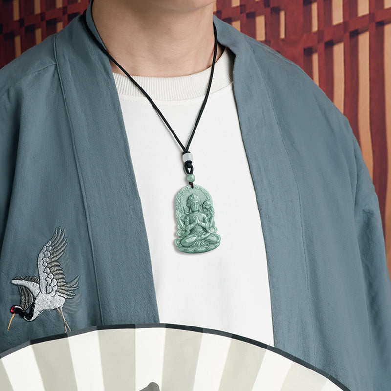 Four-armed Avalokitesvara Natural Jade Amulet Blessing String Necklace