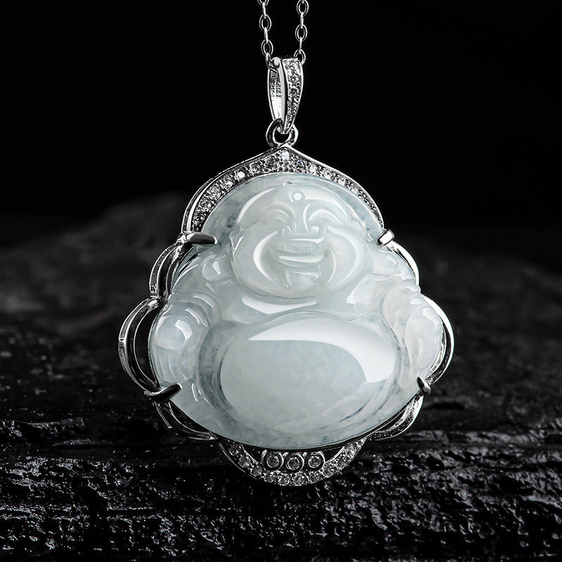 925 Sterling Silver Laughing Buddha Natural Jade Abundance Necklace Pendant