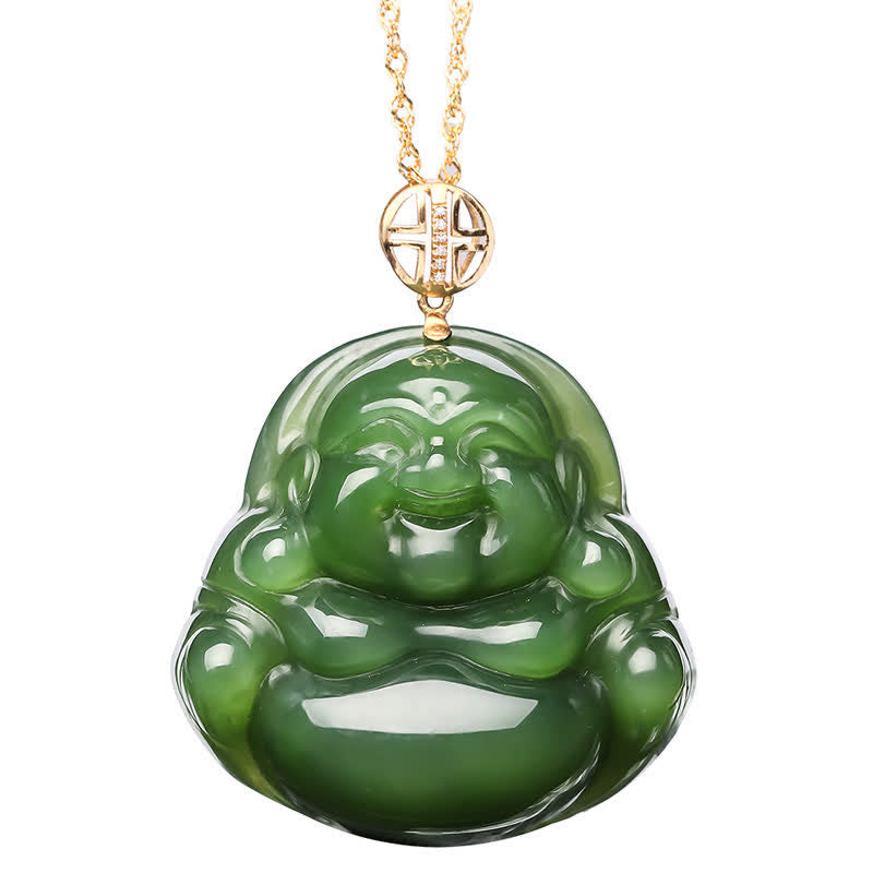 925 Sterling Silver Laughing Buddha Hetian Cyan Jade 18K Gold Success Necklace Chain Pendant