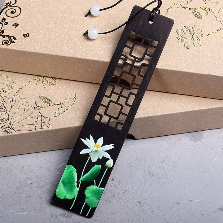 Buddha Stones Green Lotus Bamboo Oriole Ebony Wood Bookmarks With Gift Box