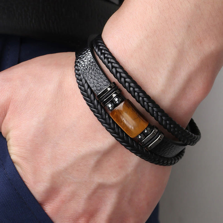 Buddha Stones Tiger Eye Power Magnetic Buckle Multilayered Leather Bracelet