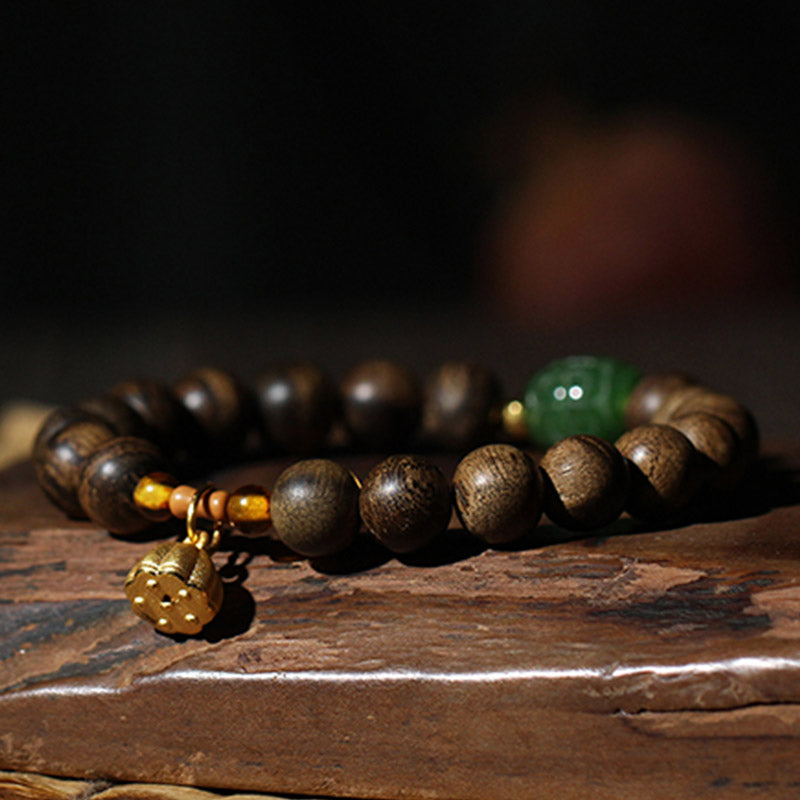 Buddha Stones 999 Gold Brunei Agarwood Cyan Jade Lotus Flower Peace Strength Bracelet