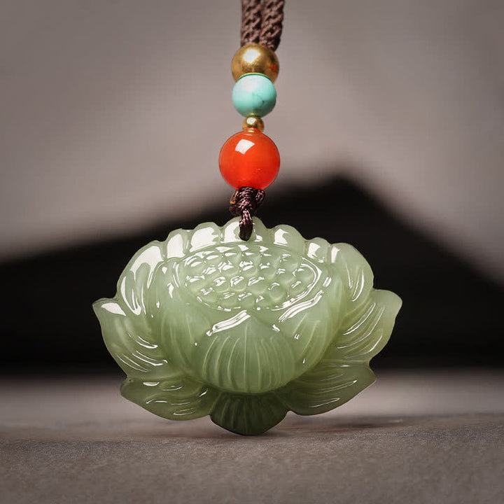 Hetian Cyan Jade Lotus Flower Success Necklace Pendant