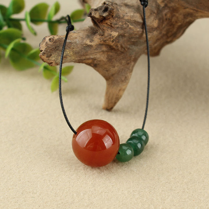 Buddha Stones Red Agate Green Aventurine Green Bodhi Seed Bead Calm Leather Rope Necklace Pendant