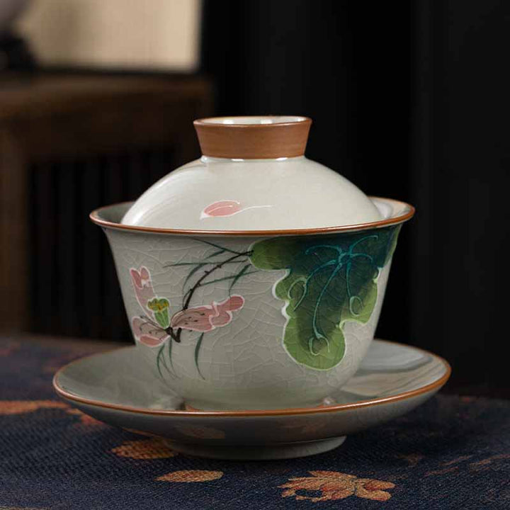 Buddha Stones Lotus Koi Fish Pod Leaf Ceramic Gaiwan Sancai Teacup Kung Fu Tea Cup And Saucer With Lid 140ml