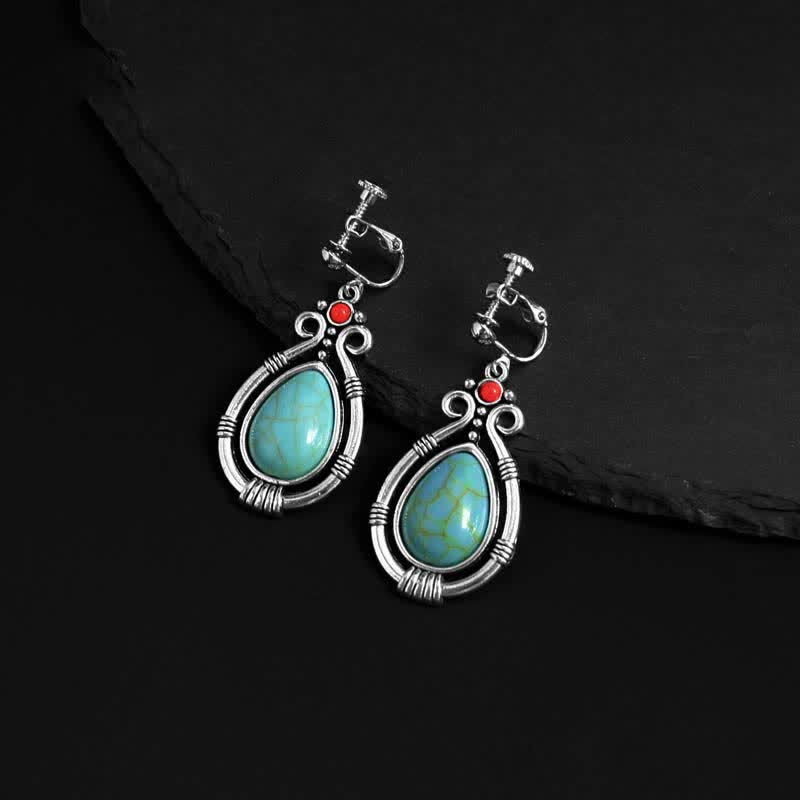 Tibet Vintage Turquoise Waterdrop Strength Drop Dangle Earrings Clips