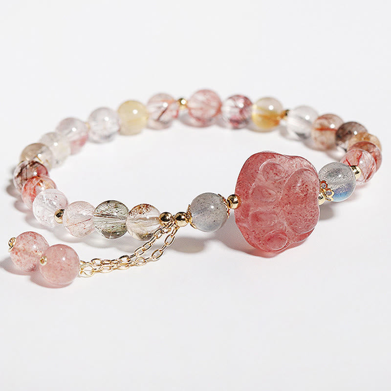 Buddha Stones Natural Strawberry Quartz Cat Paw Claw Colorful Rutilated Quartz Moonstone Love Bracelet