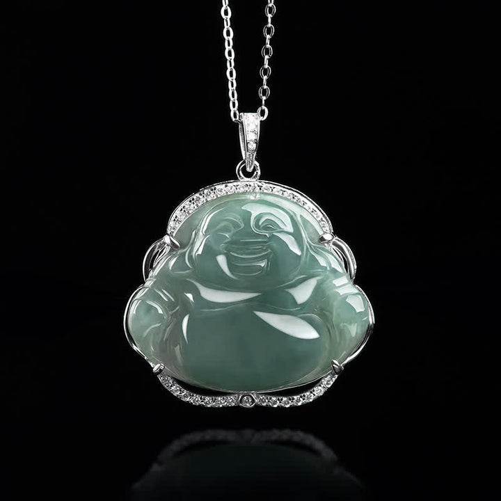 925 Sterling Silver Laughing Buddha Natural Jade Luck Necklace Chain Pendant