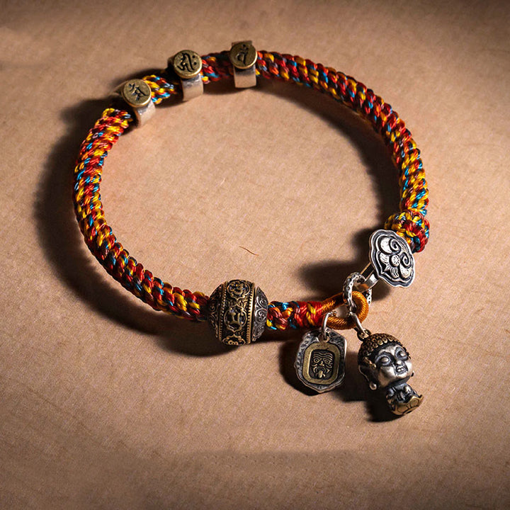 Buddha Stones Handmade Tibetan 925 Sterling Silver Chinese Zodiac Natal Buddha Zakiram Goddess of Wealth Protection Multicolored Rope Braided Bracelet