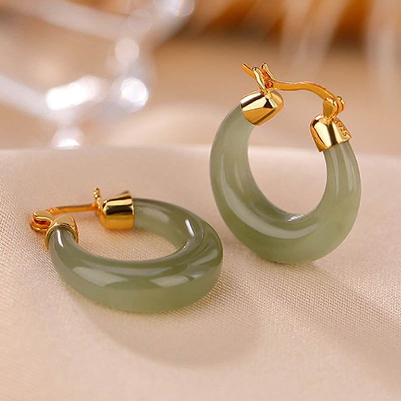 Buddha Stones Round Jade Cyan Jade Prosperity Luck Drop Earrings