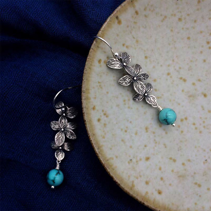 925 Sterling Silver Turquoise Lazurite Flower Leaf Serenity Protection Hook Drop Dangle Earrings