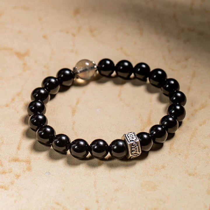 Chinese Zodiac Natal Buddha 925 Sterling Silver Black Obsidian Moonstone Strength Bracelet