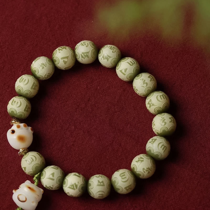 Buddha Stones Green Bodhi Seed Cat Paw Om Mani Padme Hum Engraved Wisdom Bracelet