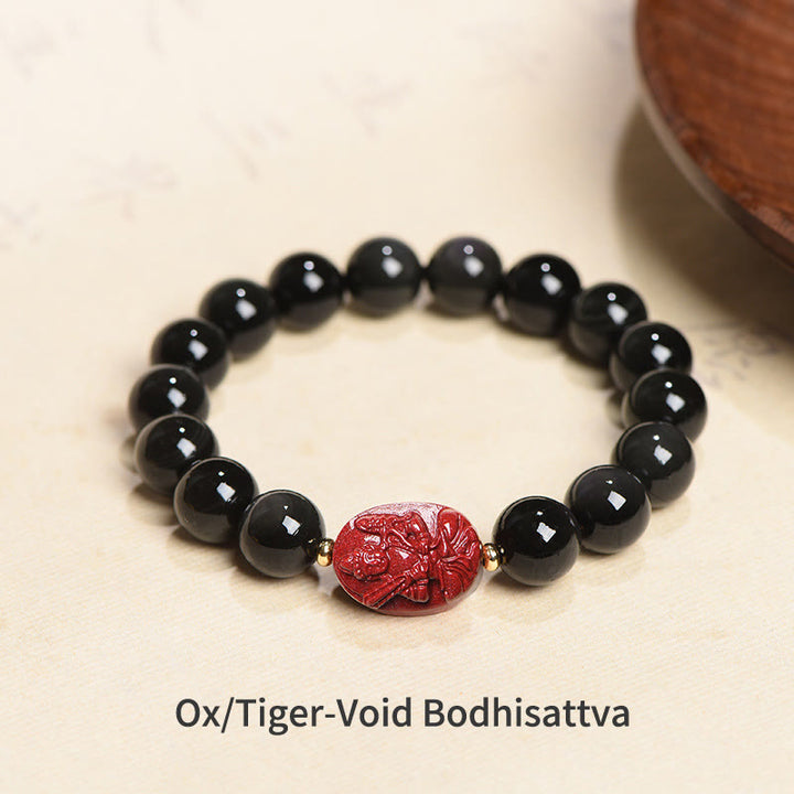 Buddha Stones Chinese Zodiac Natal Buddha Natural Black Obsidian Cinnabar Purification Bracelet