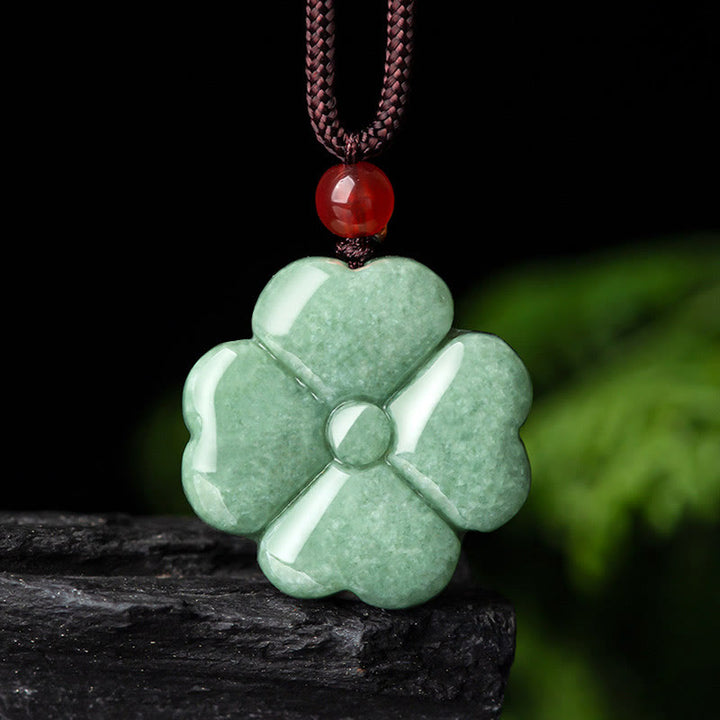 Buddha Stones Natural Lucky Four Leaf Clover Jade Prosperity Necklace Pendant