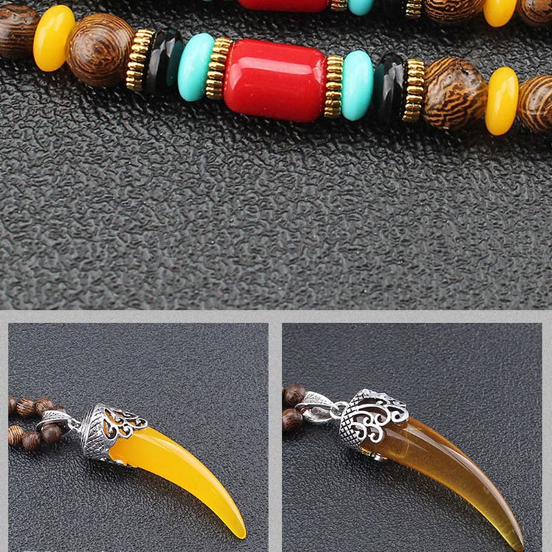 Wenge Wood Turquoise Stone Horn Style Protection Meditation Necklace Pendant