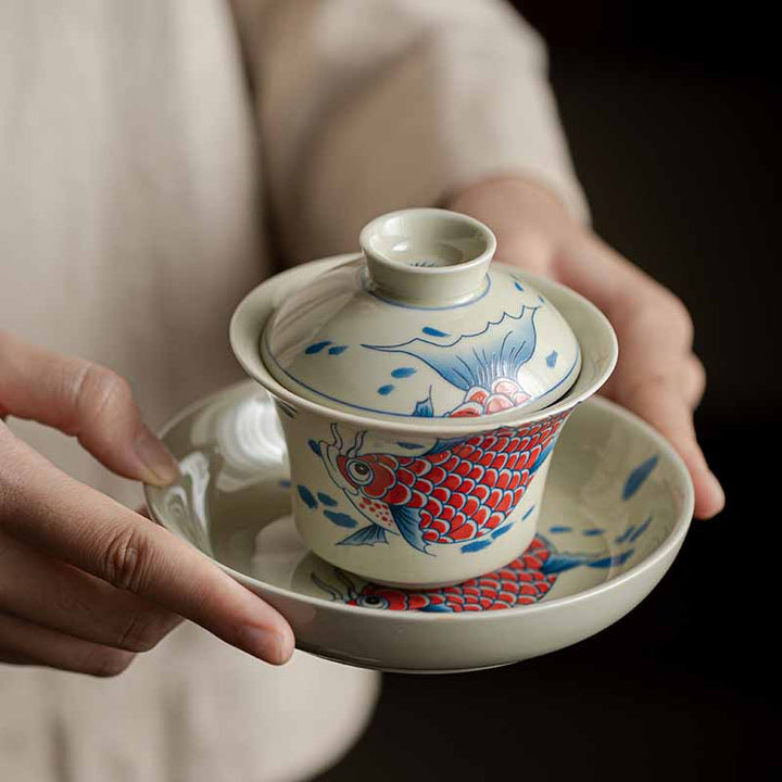 Buddha Stones Koi Fish Arowana Ceramic Gaiwan Sancai Teacup Kung Fu Tea Cup With Lid 130ml