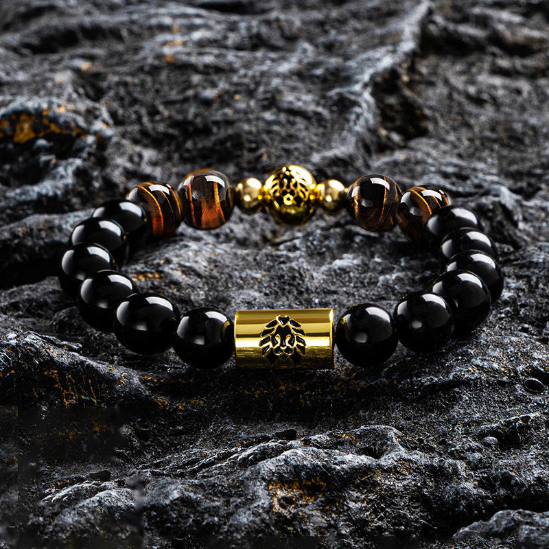 Buddha Stones Black Onyx Tiger Eye Bead Lion Engraved Protection Bracelet