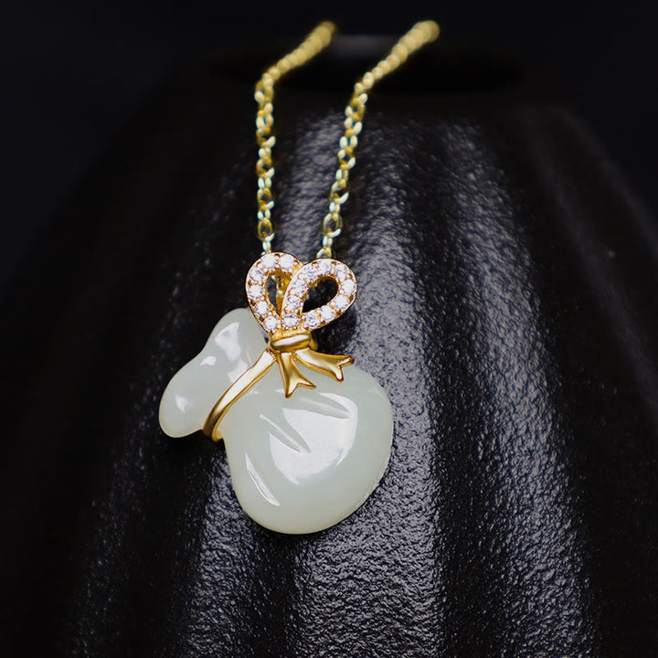 Buddha Stones Natural Hetian White Jade Luck Money Bag Necklace Pendant