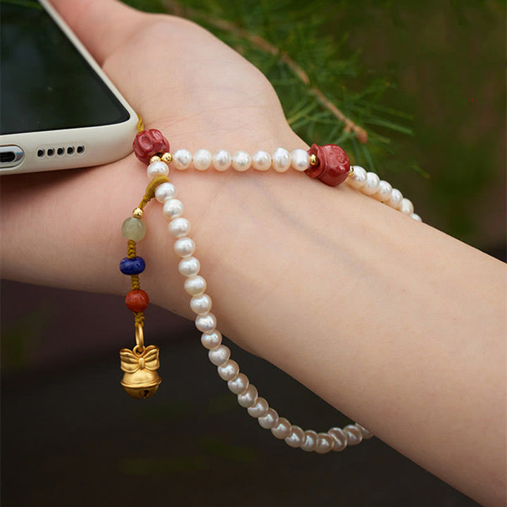 Buddha Stones Natural Pearl Cinnabar Money Bag Bell Gold Swallowing Beast Dancing Lion Healing Phone Hanging Decoration