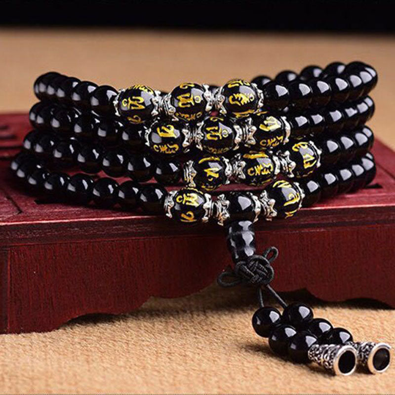 Buddha Stones Black Obsidian Six True Words Protection Mala Bracelet