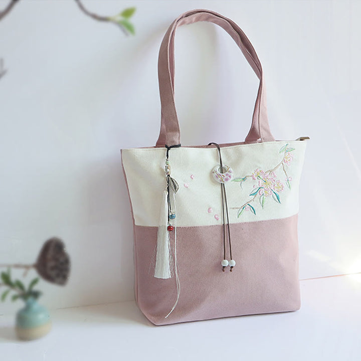 Pear Flower Plum Peach Blossom Bamboo Embroidery Canvas Large Capacity Shoulder Bag Tote Bag