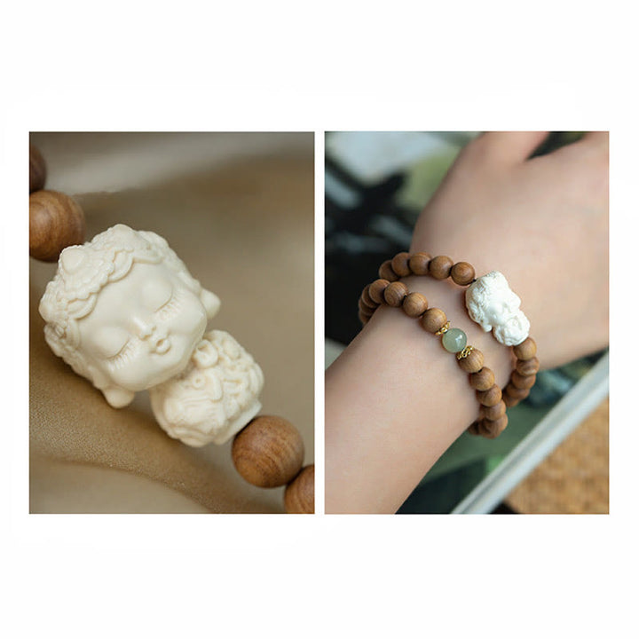 Buddha Stones Sandalwood Hetian Jade Ivory Fruit Green Tara Protection Bracelet