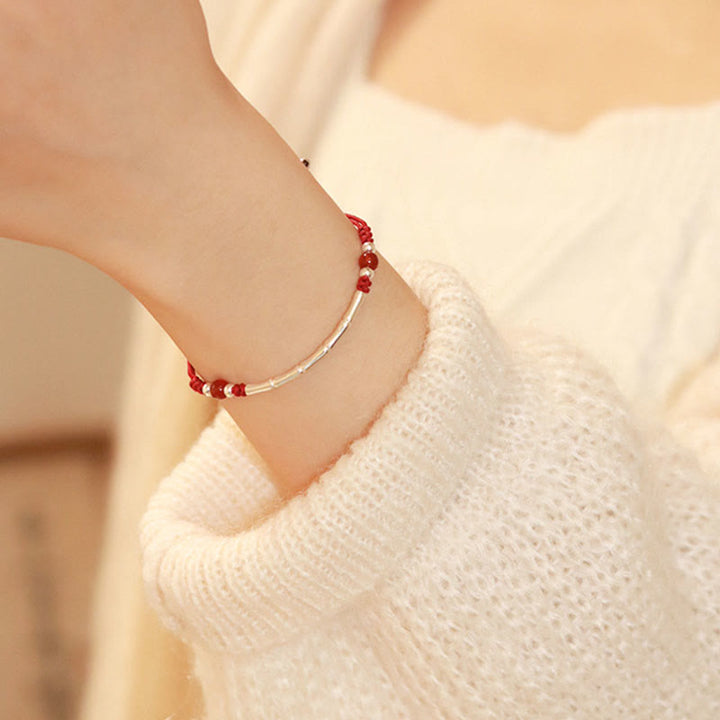 Buddha Stones 925 Sterling Silver Bamboo White Agate Red Agate Bead Protection String Braided Bracelet