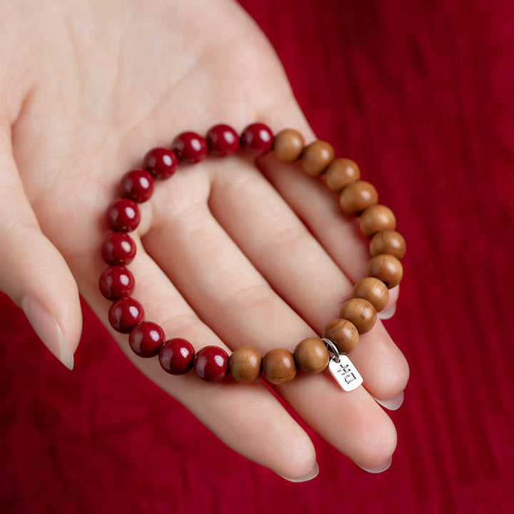 Buddha Stones 925 Sterling Silver Peach Wood Cinnabar Ward Off Evil Spirits Bracelet