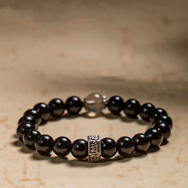 Chinese Zodiac Natal Buddha 925 Sterling Silver Black Obsidian Moonstone Strength Bracelet