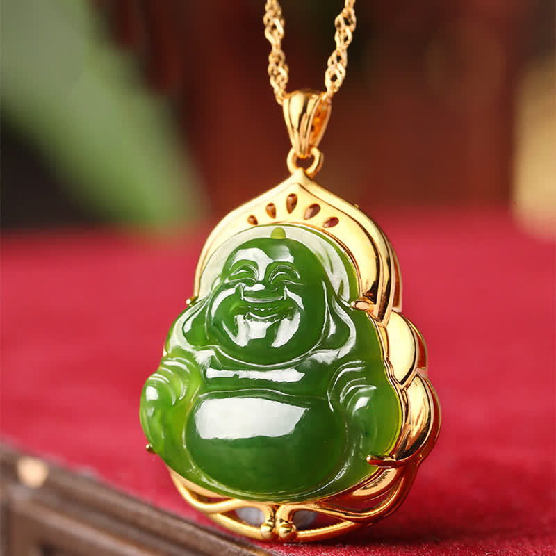 925 Sterling Silver Natural Hetian Cyan Jade Laughing Buddha 18K Gold Healing Necklace Chain Pendant