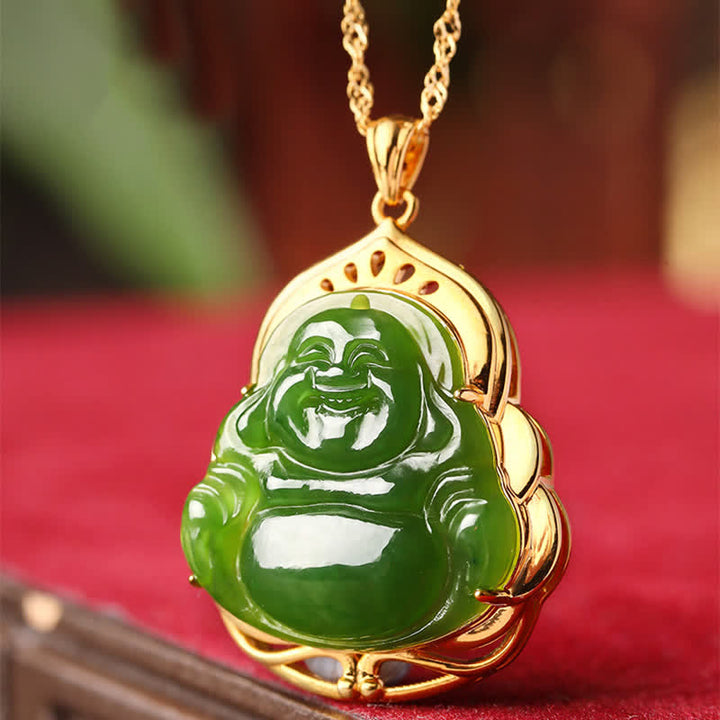 925 Sterling Silver Natural Hetian Cyan Jade Laughing Buddha 18K Gold Healing Necklace Chain Pendant