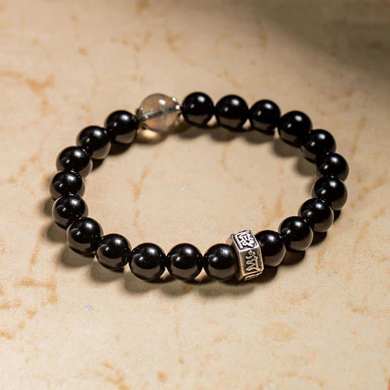 Chinese Zodiac Natal Buddha 925 Sterling Silver Black Obsidian Moonstone Strength Bracelet