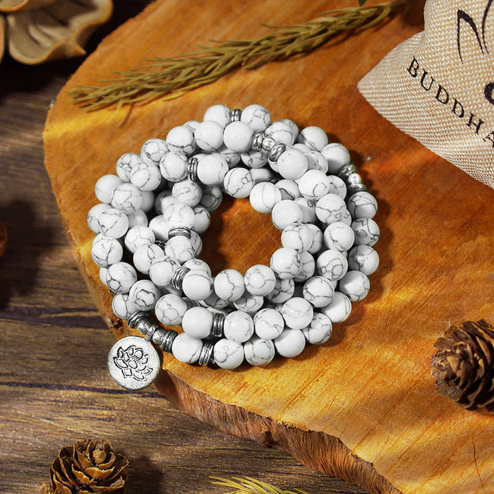 Buddha Stones White Turquoise Lotus Mala Healing Bracelet