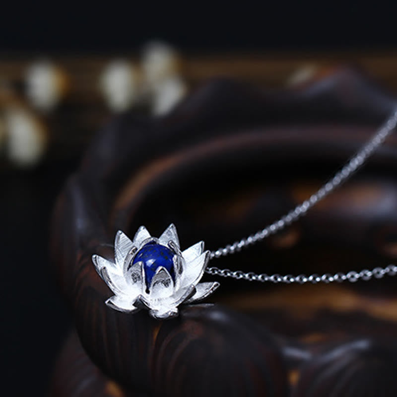 Buddha Stones 925 Sterling Silver Lazurite Lotus Flower Self Care Necklace Pendant