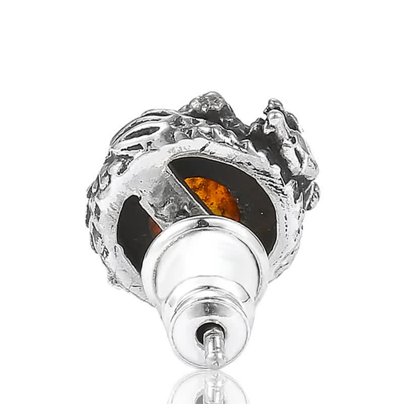 925 Sterling Silver Natural Amber Dragon Success Protection Stud Earring