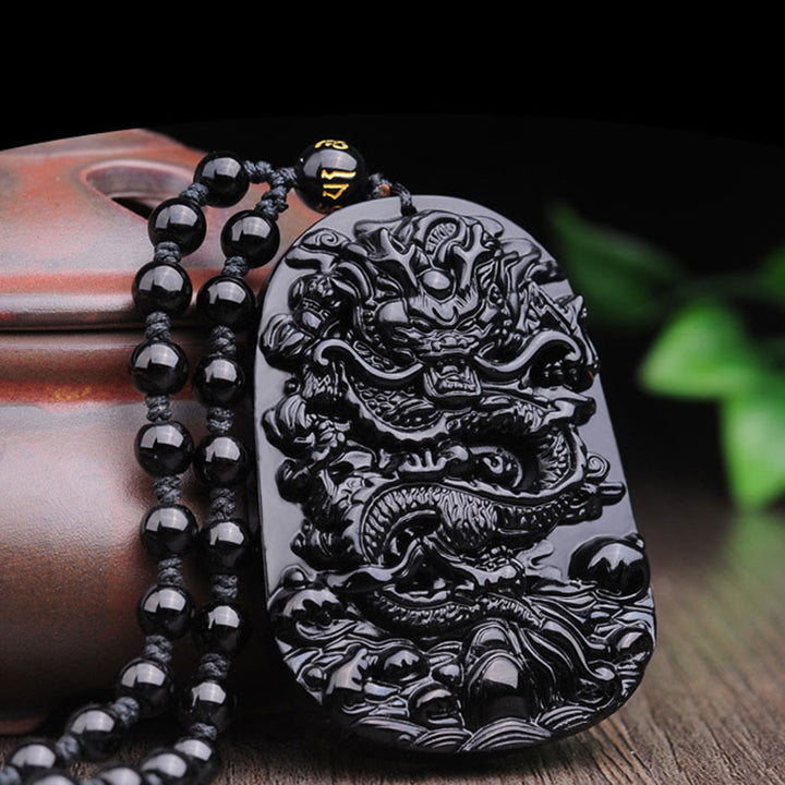 Buddha Stones Black Obsidian Stone Dragon Fulfilment Pendant Necklace