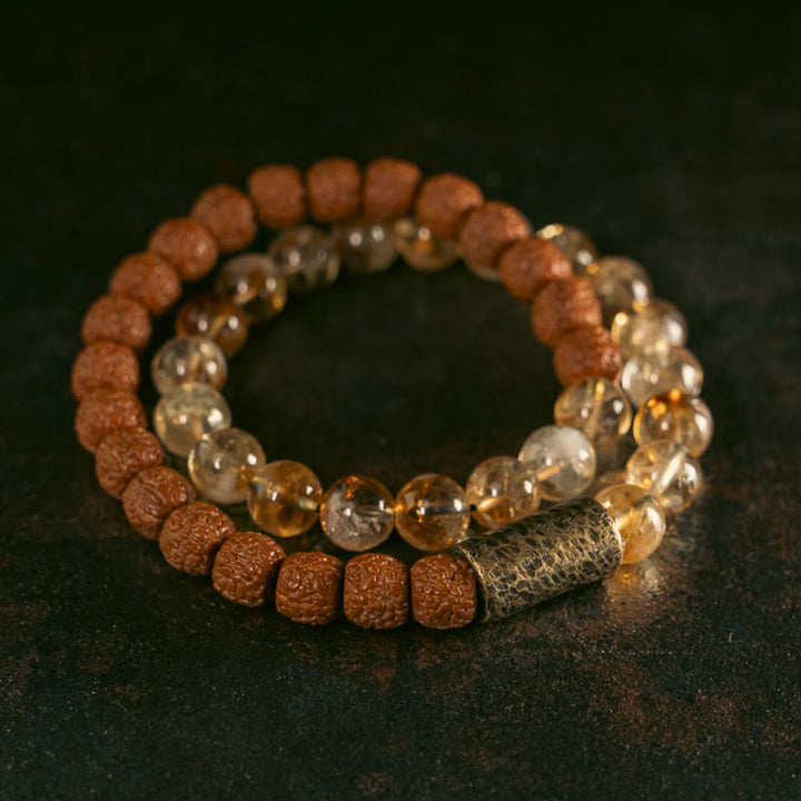 Buddha Stones Natural Citrine Crystal Rudraksha Bodhi Seed Brass Bead Prosperity Double Wrap Bracelet