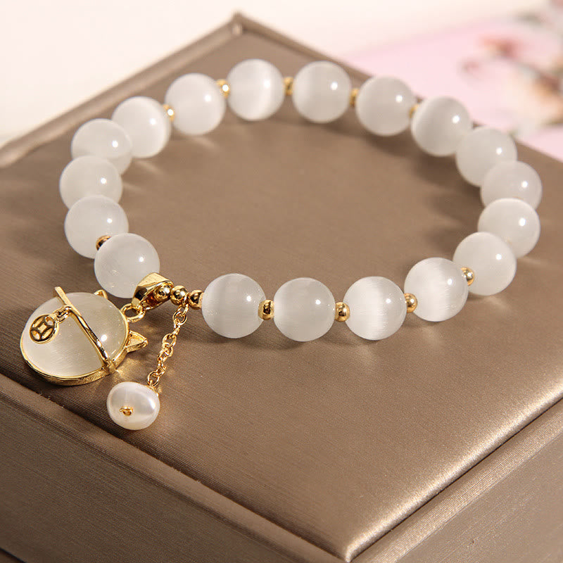 Buddha Stones Cat's Eye Lovely Cat Pattern Pearl Love Charm Bracelet