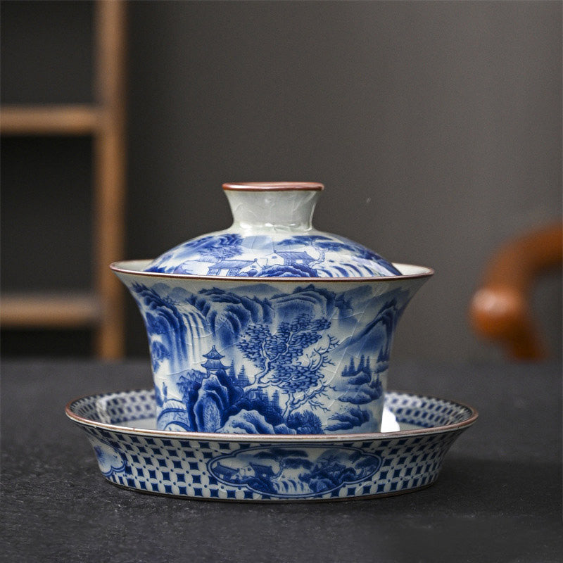 Buddha Stones Jingdezhen Dragon Phoenix Pavilion Pine Flower Ceramic Gaiwan Sancai Teacup Kung Fu Tea Cup And Saucer With Lid 170ml