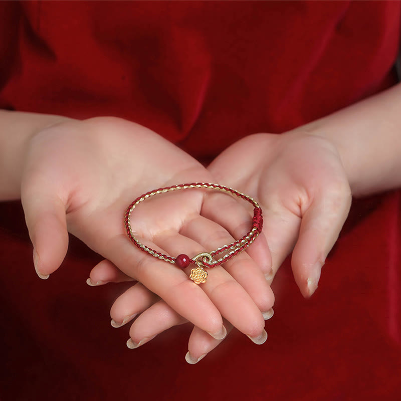 Buddha Stones Handmade 925 Sterling Silver Lotus Cinnabar Gold Bead Blessing Braid Bracelet