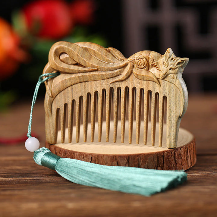 Green Sandalwood Fox Peony Flower Lotus Engraved Cure Tassel Comb